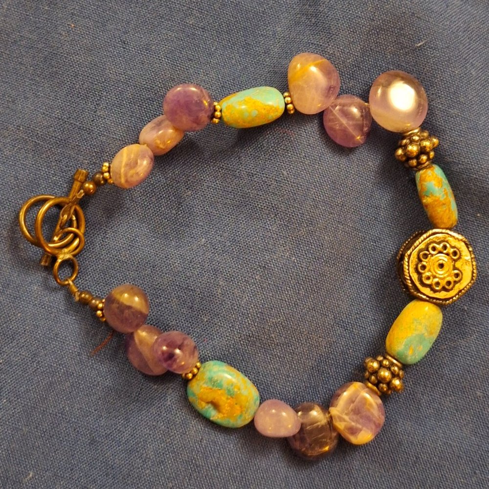 Sterling Silver Genuine Turquoise, Amethyst 8.25 inches (Large Wrist)